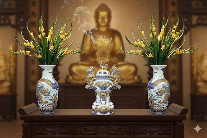 HERITAGE T&T Dragon Flower Altar Vase Pair – Bat Trang Handmade Ceramic – Buddhist Altar Flower Vase Set – Traditional Asian Home Decor – 1 Pair (2 Vases) - Blue & Yellow Glaze, Height 26 cm (10.2 in)