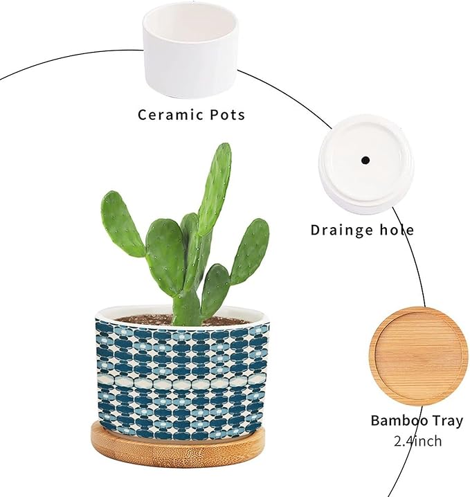 DreamAutumn Navy Blue Geometric Pattern Ceramic Pots for Plants with Drainage Holes Round Flower Pot Bamboo Tray Orchid Pot Succulents Pots for Outdoor Indoor Plants,Housewarming Gifts