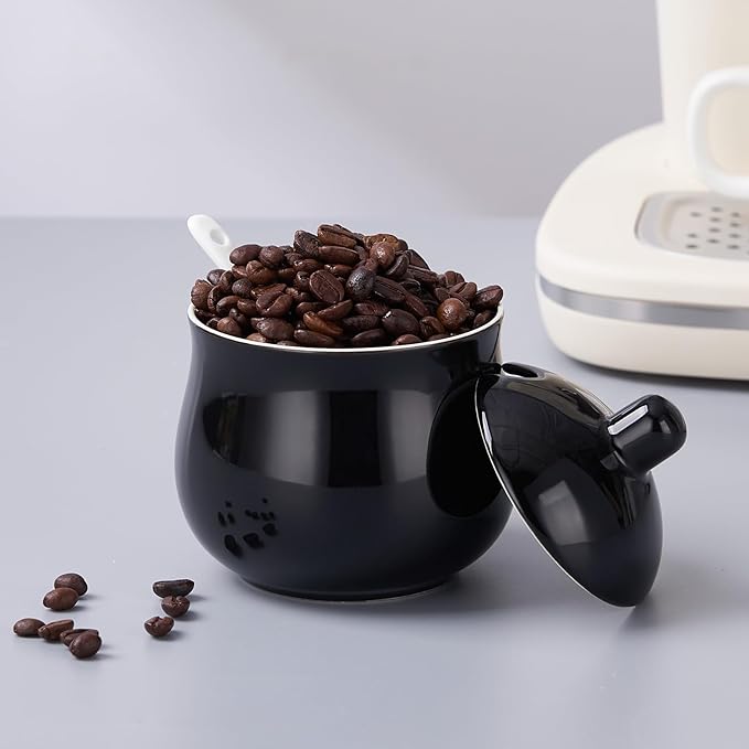 Ceramic Sugar Bowl with Lid and Spoon, Black Porcelain Sugar Salt Pepper Storage Jar, 12 Ounces