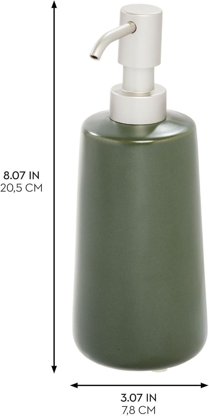 iDesign Dispenser for Bathroom Holds Hand Soap or Lotion-Set of 2-Moss Green Eco Vanity Ceramic Pump-Tall M2