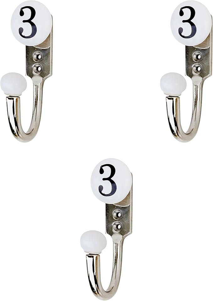 IndianShelf Handmade 3 Piece White Ceramic Number 3 Wall Hooks for Hanging Jewelry Keys Hangers Holders
