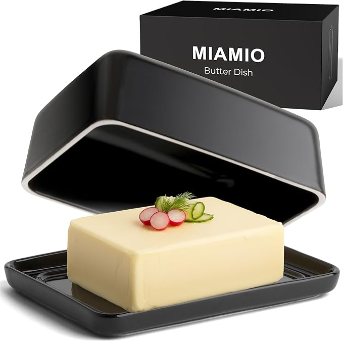 MIAMIO - Ceramic Butter Dish with Lid for Countertop, Holds 2 Sticks of Butter/Butter Holder and Container with Ceramic Lid, Butter Dish for Refrigerator (Black)