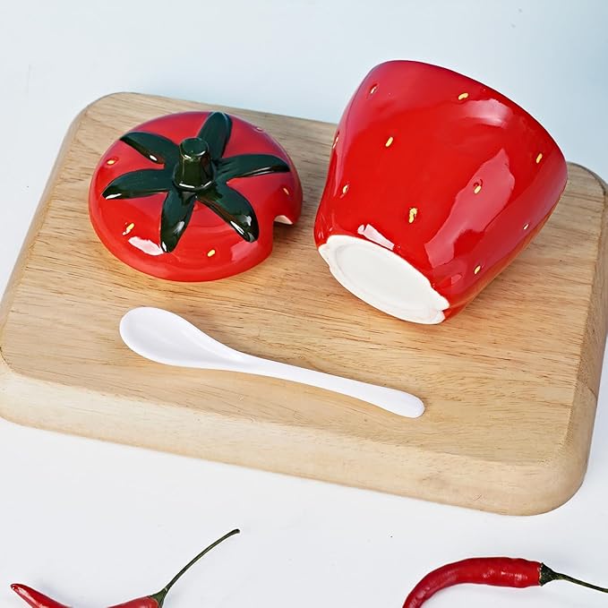 Hand-painted Ceramic Fruit Shape Sugar Bowl Spice Jar Seasoning Pot with Lid Spoon (Strawberry)