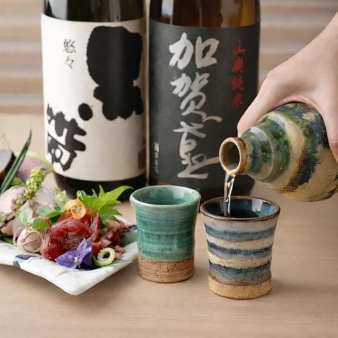 Japanese Sake Cup Set, Mino Ware Guinomi Ceramic Cups with Wooden Box, Traditional Pottery for Sake Tea, Handmade in Japan (Seian-gama Sake Set (5cups), Cup Size (4.9 fl oz - 145 ml))