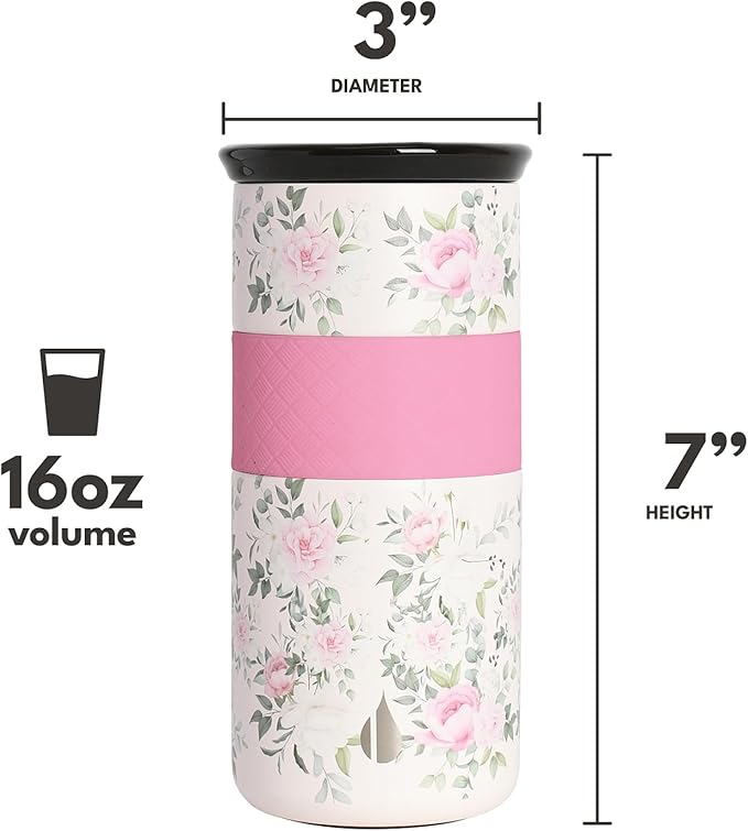 Elemental Artisan Insulated Tumbler, Triple Wall Coffee Travel Mug, Reusable Stainless Steel Coffee Tumbler with Ceramic Lid, Thermal Coffee Cups for Hot (6 Hrs) & Cold (18 Hrs), 16oz - Rose Garden
