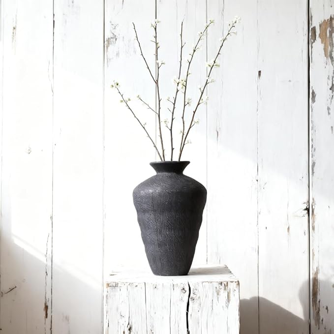 Wabi Sabi Ceramic Vase 9.1 Inch, Rustic Pottery Vase for Home Decor, Organic Textured Charcoal Black Vase for Pampas Grass, Coffee Table Shelf Farmhouse Decor