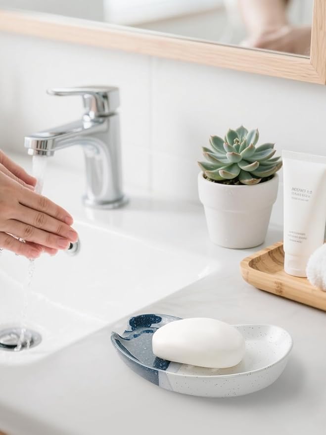 Ceramic Soap Dish – Blue & White Split-Glazed Porcelain Soap Holder with Drainage Grooves, Modern Sink or Bathroom Accessory, Stylish and Easy to Clean
