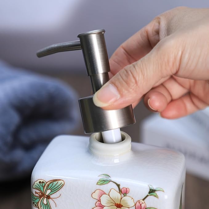 Ceramic Soap Dispenser, Lotion Bottle, Soap Bottle with Removable Pump, Flower Pattern Dispenser for Kitchen Soap, Bathroom Soap, Lotion and Essential Oil-Beige-13 OZ