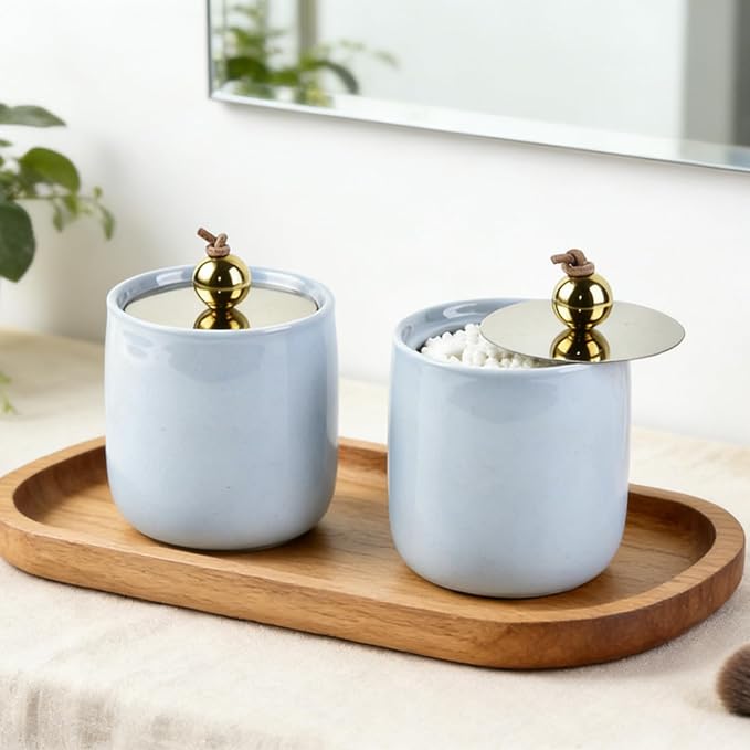 2 Pack Ceramic Qtip Holder Dispenser with Gold Lids, Blue Apothecary Jars Bathroom Vanity Organizer for Home Decor Bathroom Canister for Cotton Swabs, Rounds, Balls, Makeup Sponges, Bath Salts
