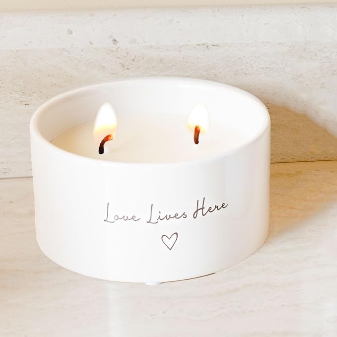 Pavilion Gift Company - Love Lives Here - 10 oz Soy Wax Ceramic Vessel Candle Housewarming Apartment-Warming Gift Present Neutral Home Decor