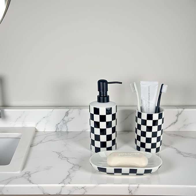 Bathroom Toothbrush Holder Set, Ceramic Soap Dispenser and Tooth Brush Holder and Soap Dish Set, Bathroom Accessories Sets Countertop, Black and White Checkered Bathroom Decor Set