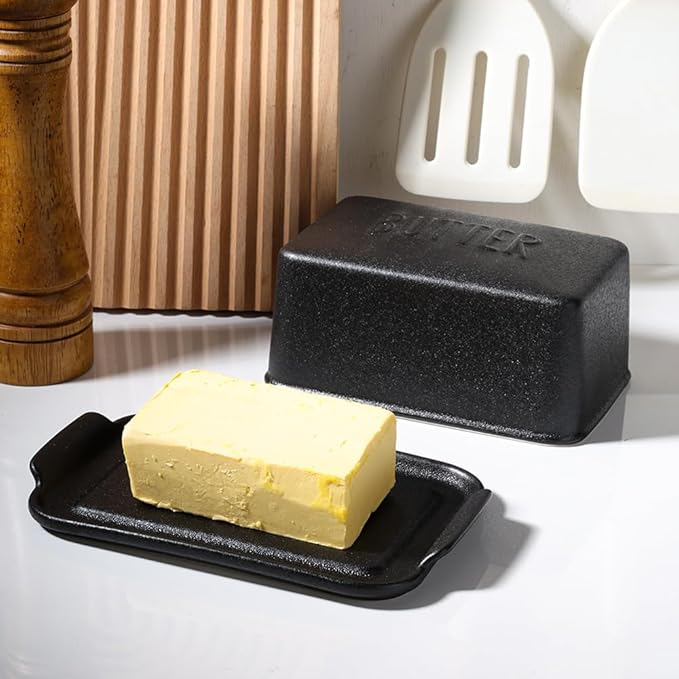 Porcelain Covered Butter Dish with Lid for Countertop Butter Holder Container for One Stick of Butter. Textured Tray Butter Keeper for Non Slip Storage-BLACK BIG