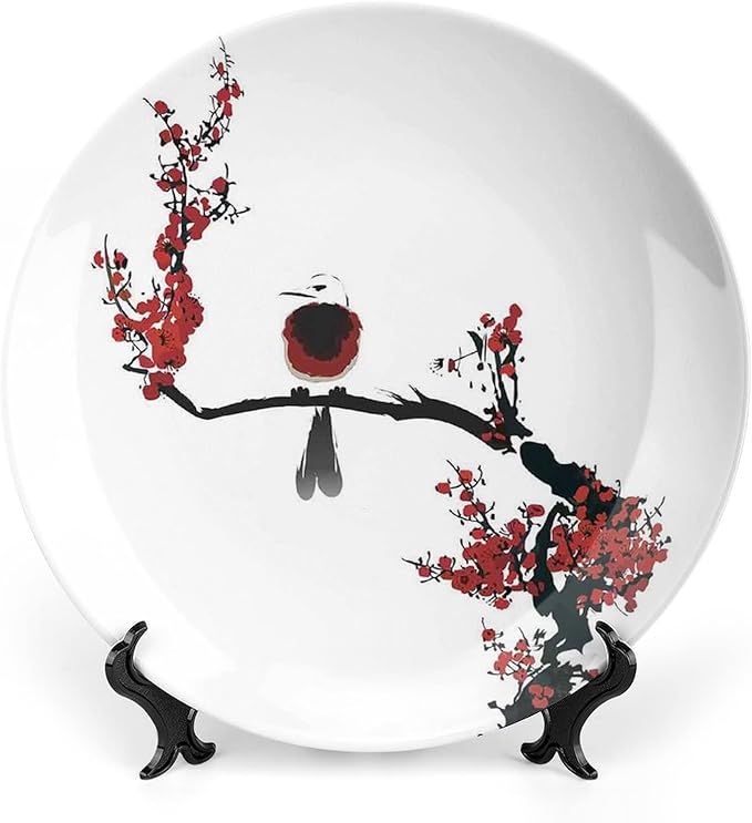 XISUNYA 10 Inch Decorative Plate, Janpese Decor Round Porcelain,Bird on Cherry Tree Summertime Classic Asian Print Ornament Display Plate Handmade Plate Wedding Christmas Thankgiving Gifts