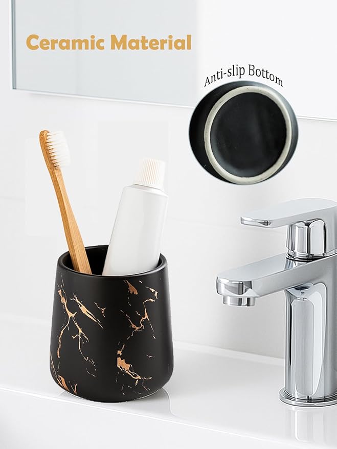 Black Marble Ceramic Toothbrush Holder Cup – 14.2oz Bathroom Tumbler for Toothbrushes or Makeup Brushes, Matte Black with Gold Veins