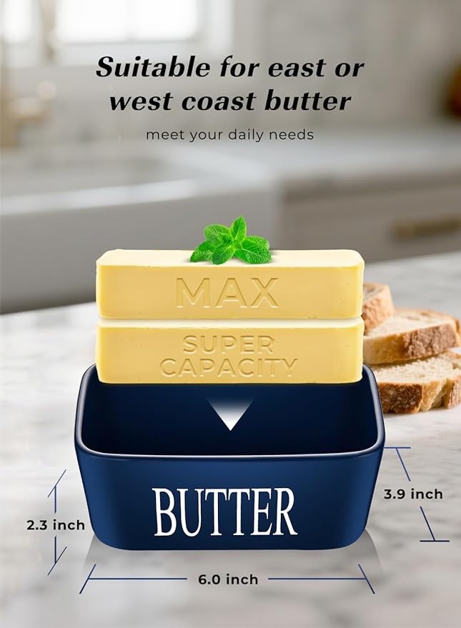 Butter Dish with Lid: Large Butter Container for Countertop - Ceramic Butter Holder for Counter - Butter Tray Butter Keeper with Knife and Sponge Scrubber - Perfect for 2 Sticks of Butter Blue