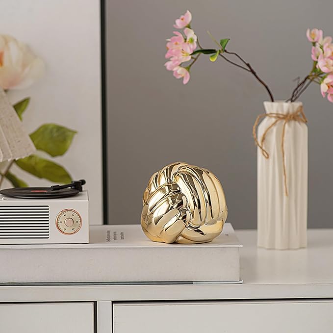 Hotfiary Small Ceramic Knot Statues Gold Home Decor, Modern Style Figurine Decorative Ball Ornaments, Sculpture Aesthetic Decor for Living Room, Bedroom, Apartment, Bookshelf, Office, Cabinets