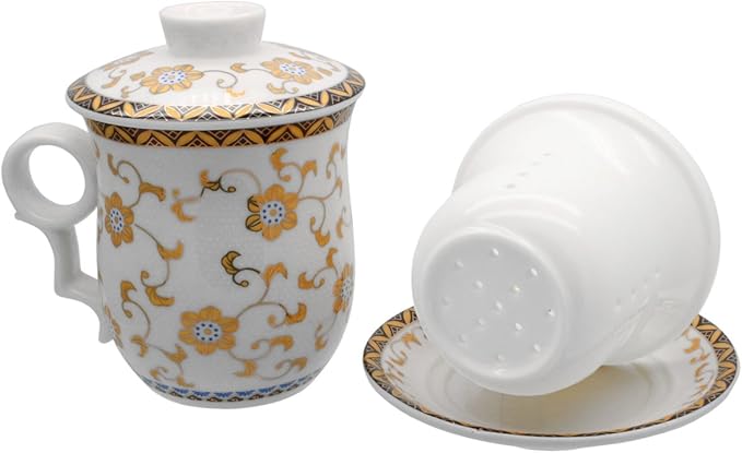 Porcelain Tea Cup with Infuser Lid and Saucer Sets - Chinese Jingdezhen Ceramics Coffee Mug Teacup Loose Leaf Tea Brewing System for Home Office