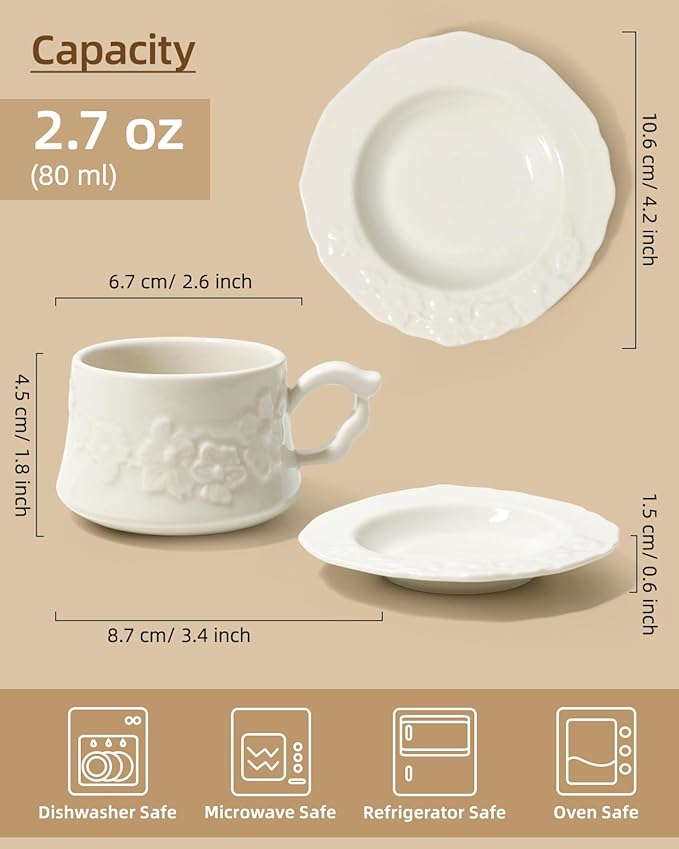 Ceramic Espresso Cups and Saucers Set of 4, Floral Petal Design Cappuccino Cups with Handles, Vintage Style Porcelain Coffee Cup Set, Microwave & Dishwasher Safe(Cream-Flower)