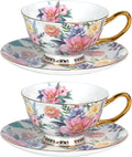 KAMMAK Tea Cups and Saucers Set of 2, Fine Bone China Coffee Cups, Stackable Espresso Mugs, Ceramic Demitasse for Coffee, Cappuccino, Latte, Americano, Tea, Blooming Flowers