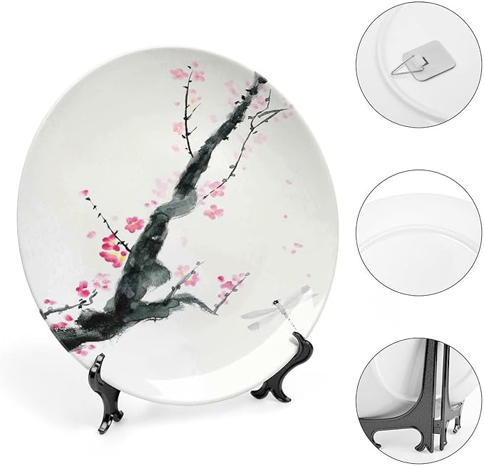 XISUNYA 7 Inch Decorative Plate, Dragonfly Ceramic Stoneware, Branch of Pink Cherry Blossom Sakura Tree Bud and Dragonfly Print Ceramic Wall Hanging for Home & Office Wall Hanging Decor