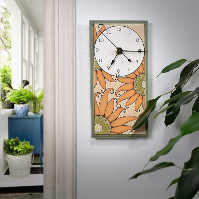 Modern Artisans Serene Sunflowers Mini Ceramic Art Wall Clock, 3.75" x 7.75", Neutral Earthy Colors