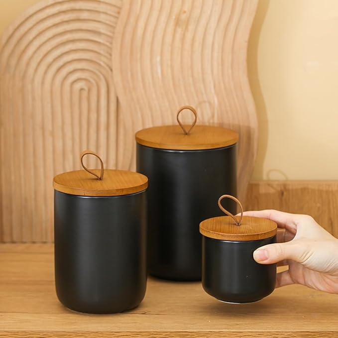 MilkyWay Ceramic Food Storage Jar, Storage Canisters with Airtight Seal Bamboo Lid Modern Design Seal Damp-Proof Kitchen Jar for Coffee, Tea, Spice and More (Black 260ml)