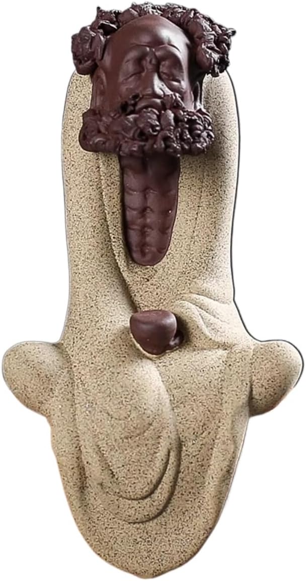 Handmade Purple Sand dysfunction Statue Meditation Ancestor Ceramic Sculpture Creative Tea pet Home Tea Room Tea Table Office Decoration Ornament (Beige)