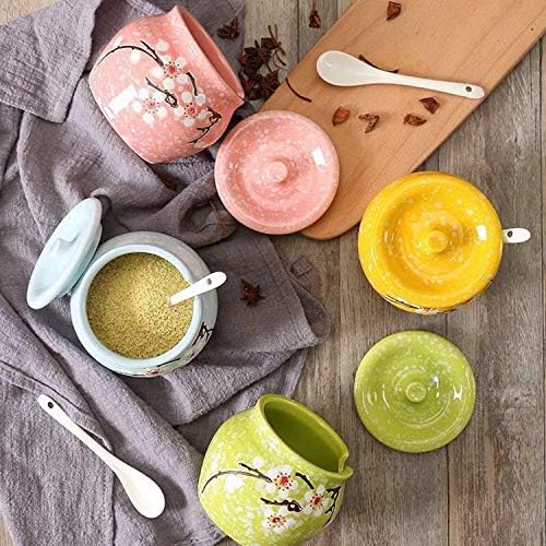 Ceramics Japanese Flower Sugar Bowl Seasoning Pot Salt Storage Jar with Lid Spoon