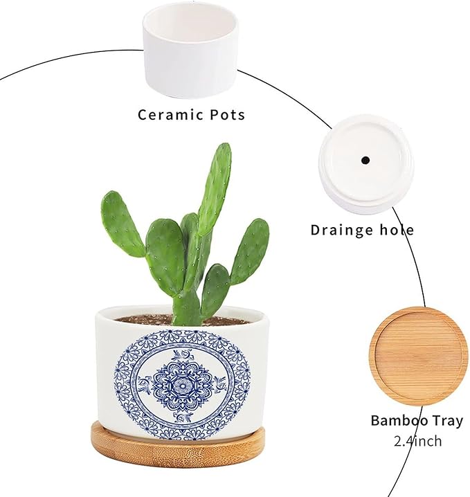 Planters Ceramic Chinese Style Blue And White Porcelain Print Ceramic Pots with Drainage Holes Round Flowerpot Bamboo Tray Plant Pots for Succuelnt And Little Snake Plants Pots for Nana Grandma