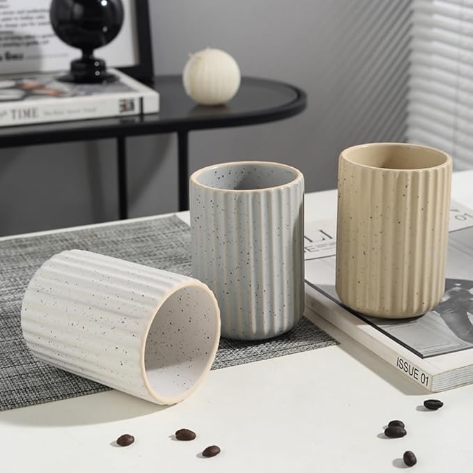 Stoneware Coffee Bar Utensil Holder Tea & Coffee Spoon & Stirrer Holder for Stir Stick Straw Teaspoon Holder Spoon Cup Small Utensil Jar Fluted Vertical Stripe (Blue Grey)
