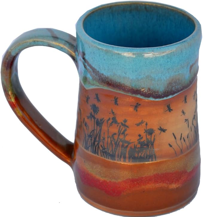ALWAYS AZUL POTTERY Dragonflyscape 17 Oz. Small Tankard in Indian Summer Glaze - Handmade Ceramic Beer Mugs - Stylish and Unique Handcrafted Artistic Stoneware- Polished Clay Cups, Great For Beer