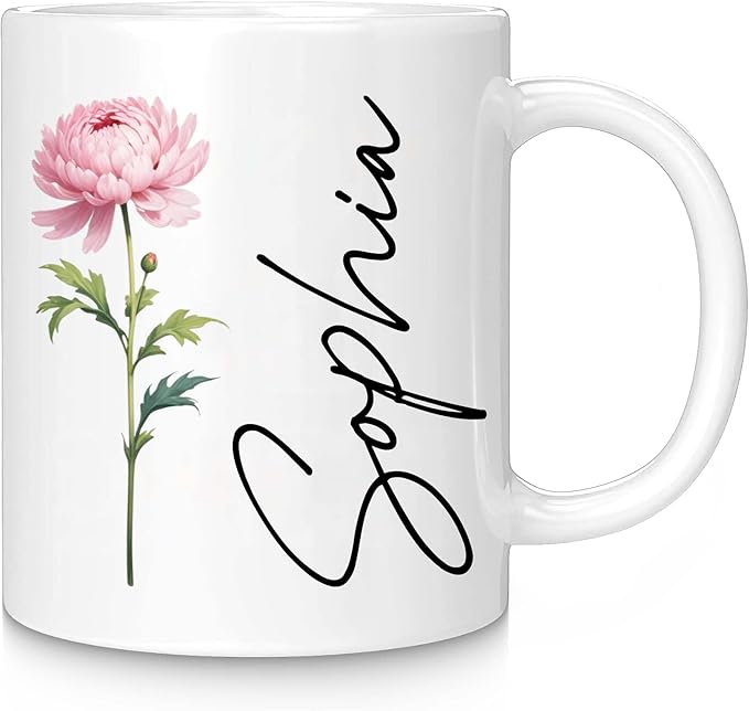Custom Coffee Mug with Birth Flower & Text, 11oz Ceramic Personalized Mugs for Women, Customized Birthday Gifts for Mom Sister Coworker Best Friend (Flower & Name)