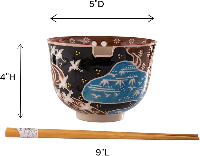 Urban Tokyo Handpainted Ceramic Glazed Japanese Ramen Udon Noodle Rice Bowl With Chopsticks 20 fl oz 5 inch Diameter Bowl Sets Color Box Packaging (Japanese Crane in Flight)