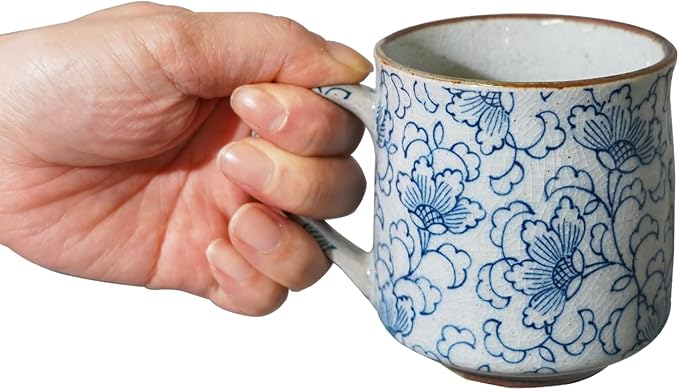 Nostalgic Mino Ware Ceramic Sometsuke Small Mug Cup - Japanese Crafted, Floral Pattern, Comfort Grip Handle, For Coffee and Green Tea or Soup, Matcha Tea, Gift Box Included (Arabesque)