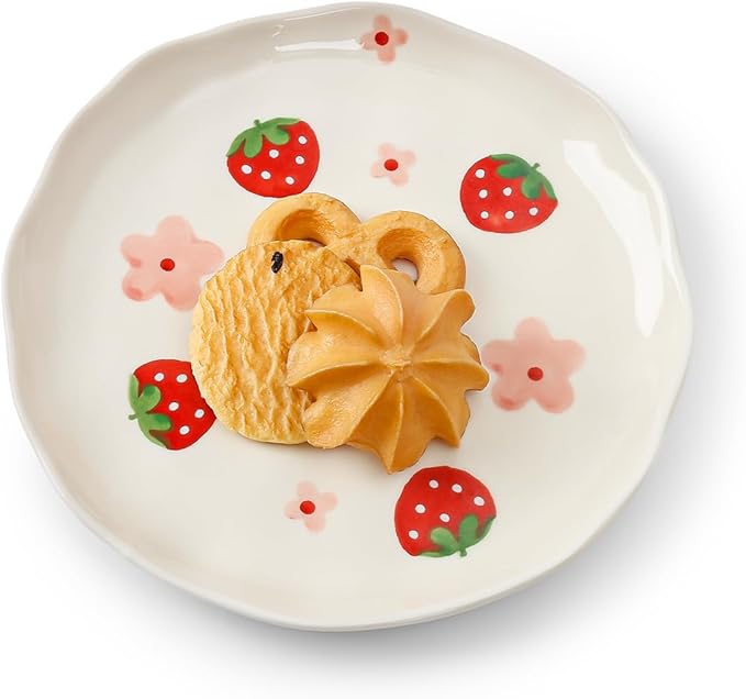 Koythin Ceramic Dessert Plates, Cute Fruits Dinner Plate, Printed Flowers Dinnerware for Office and Home, Kitchen Plates for Desserts (Strawberry)