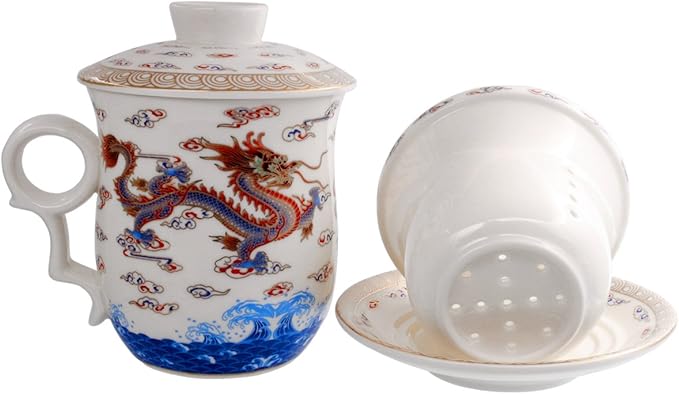PLESIU Tea Talent Porcelain Tea Cup with Infuser Lid and Saucer Sets - Chinese Jingdezhen Ceramics Coffee Mug Teacup Loose Leaf Tea Brewing System for Home Office