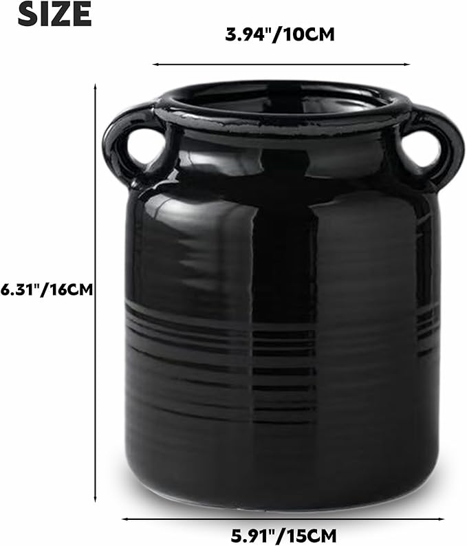 Ceramic Rustic Distressed Black Flower Vase for Centerpieces, Kitchen, Office or Living Room (5.9''x6.3”)