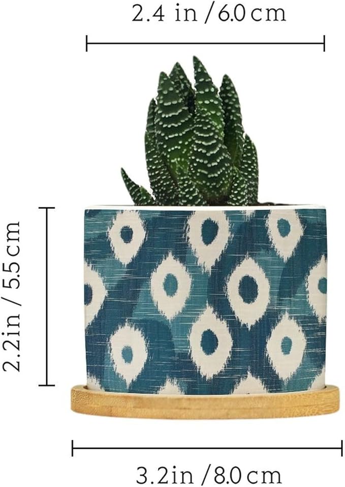 Blue and Ikat Bukhara Planter Ceramic Antique Ikat in Teal Round Plant Pot with Drainage Holes and Bamboo Tray Pot for Outdoor Garden Home Plant