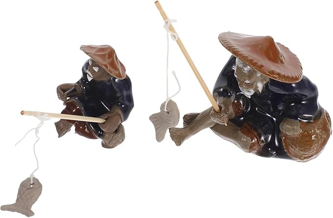 YARNOW 2pcs Mini Fisherman Figurines Ceramic Zen Garden Decor Fishing Sculpture for Aquariums Bonsai Fairy Gardens Durable Asian Zen Decoration for Home and Outdoor Use