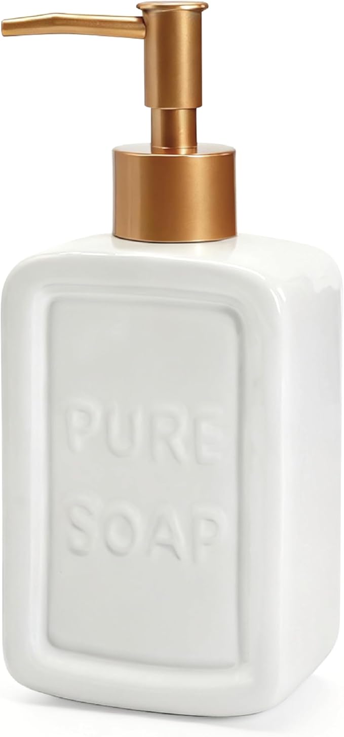 Ceramic Retro Soap Dispenser with Gold Pump, 15oz Capacity, Premium Ceramic Design for Bathroom or Kitchen (White)