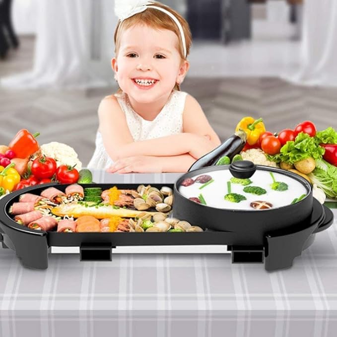 BBQ - The Electric Korean Barbecue Hot Pot Maifan Stone Multifunction and Hot Pot Table Grill and Fondue with Ceramic Coating 1500W [Energy Class A],YinandYanghotpot