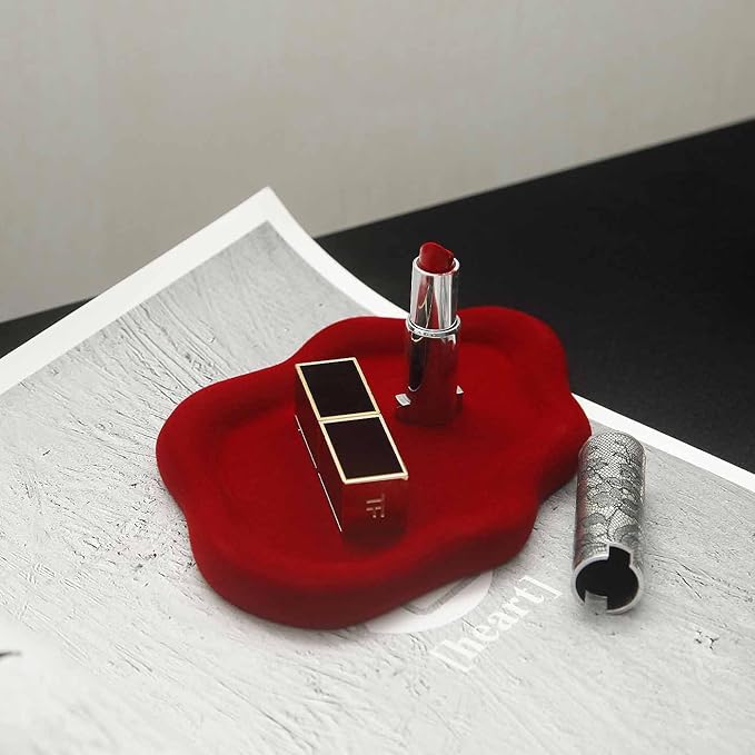 Jewelry Dish Trinket Tray for Women, Ring Dish Holder, Unique Cloud Shape Ceramic Plate Cute Things Vanity Aesthetic Room Decor Mother's Day Birthday (Flocked Scarlett)