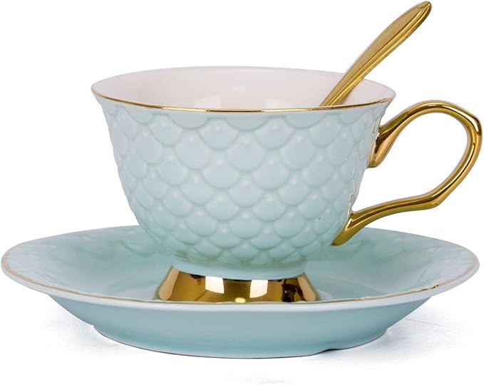 VanEnjoy Blue Vintage 8 Ounces Porcelain Coffee Cup, Tea Cup and Saucer Set and Saucer with Decorative Scale Pattern, vintage