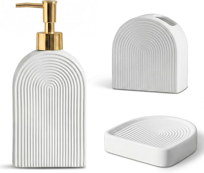 Boho Ceramic Bathroom Accessories Sets 3 Pcs Arch Style Bathroom Accessories for Countertop, Soap Dispenser, Toothbrush Holder Soap Holder Decor for Modern Home Decor