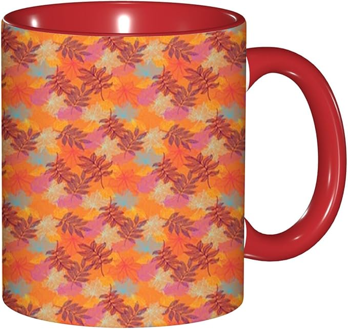 Floral Tea and Coffee Cup for Office and Home,Asian Style Colorful Leaves in Autumn Season,11 Oz,Ceramic Coffee Mug Cup for Water Tea Drinks (Red)