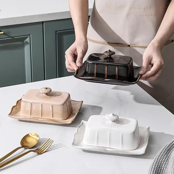 WAIT FLY Vintage Ceramic Butter Dish with Lid for Kitchen Countertop, Home Decorative-Black-1 PCS