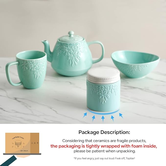 Toptier Butter Crock for Counter With Water Line, On Demand Spreadable Butter, Ceramic Butter Keeper to Leave On Counter, French Butter Dish with Lid (Blue Leaf)