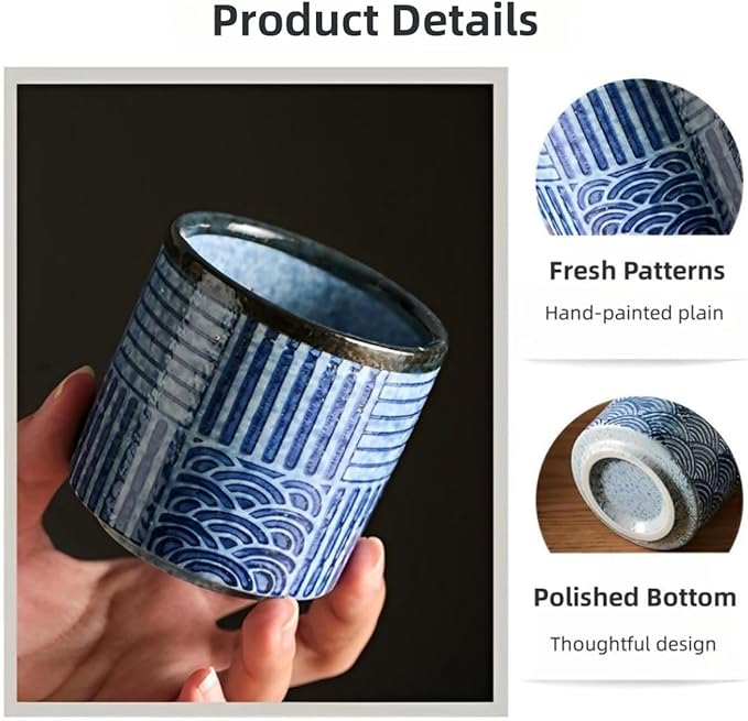 Ceramic Teacups Set of 4, Asian Chinese Japanese Modern Cup Set, No Handle Tea Mugs for Espresso Cappuccino Coffee Milk Wine Sake Cup 6.42oz (Blue)