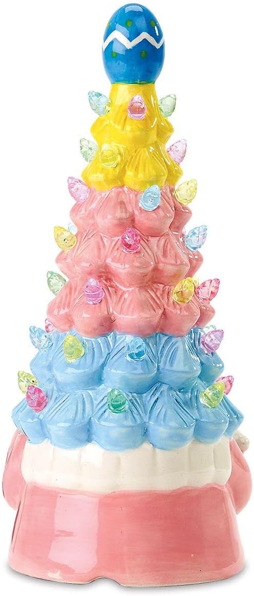Current Easter Gnome Light-Up Figurine -10" Tall Ceramic Gnome Tree with LED Pastel Lights, Spring Holiday Table Top Décor with Bunny & Egg Accents