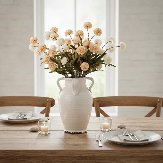 White Ceramic Vase with 4 Handles, 10.16" Tall Retro Ice Cracked Flower Vase, Antique Vases for Modern Farmhouse Home Decor, Wedding, Living Room, Table, Shelf Decor, Cracked White